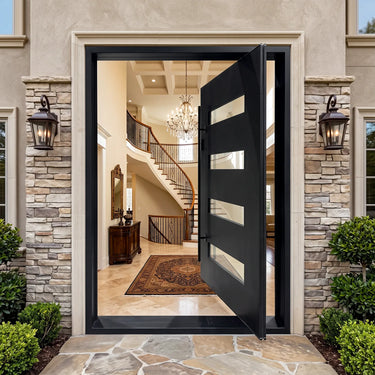 Black pivot front door with narrow horizontal glass panels