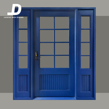 Legendirondoors Navy Blue iron french single door with two sidelights