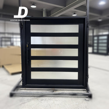 exterior iron pivot door with frosted glass