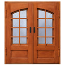 Wood look iron double entry doors with arched divided glass panels and dark handles