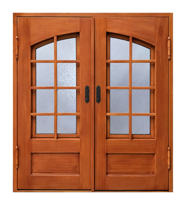 Wood look iron double entry doors with arched divided glass panels and dark handles