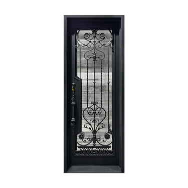 Legend Iron Doors wrought iron single door with scrollwork and glass