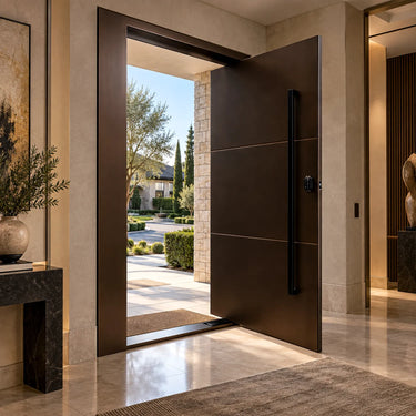 Insulated solid panel pivot entry door with long vertical handle