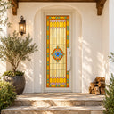 Colorful geometric stained glass entry door with symmetrical decorative pattern