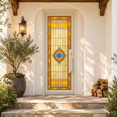 Colorful geometric stained glass entry door with symmetrical decorative pattern