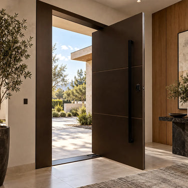 Contemporary solid panel pivot door for modern home entrance