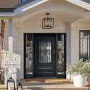 Decorative Iron Entry Door with Double Sidelights and Privacy Glass