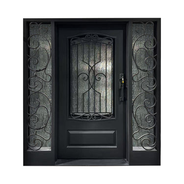 Single Iron Entry Door with Sidelights and Decorative Scrollwork W129