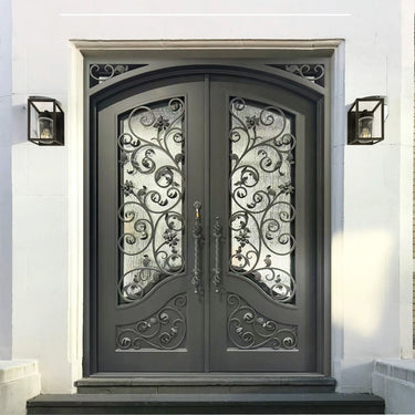 Decorative Iron Double Entry Door with Scrollwork and Privacy Glass W131