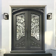 Decorative Iron Double Entry Door with Scrollwork and Privacy Glass W131