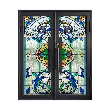 Traditional wrought iron double doors with blue art glass design