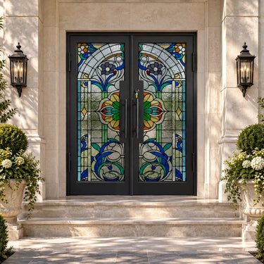 Wrought iron double front doors with blue floral Tiffany-style stained glass