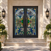 Luxury Wrought Iron Entry Double Door with Blue Flora Stained Glass FSD111