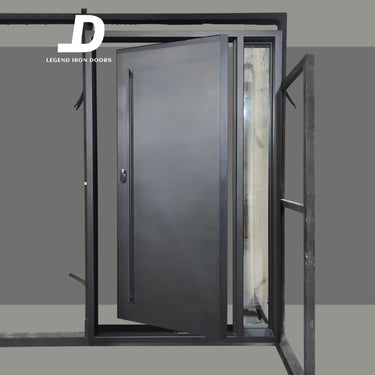 Legend Iron Doors handmade Iron Pivot Entry Door with long handle and glass