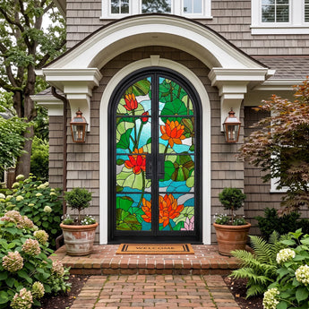 Black round top iron double front doors with orange lotus flower stained glass and green leaves
