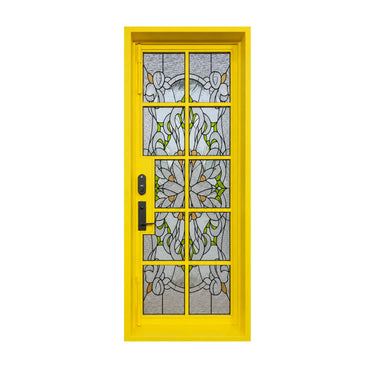 Single iron front door with a bright yellow finish