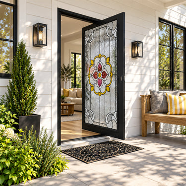 Decorative stained glass pivot entry door with artistic glass panels