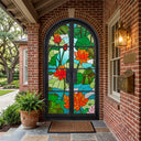 Black round top iron double front doors with art glass