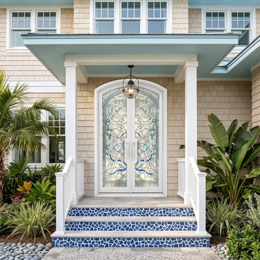 White thermal break double front doors with floral stained glass