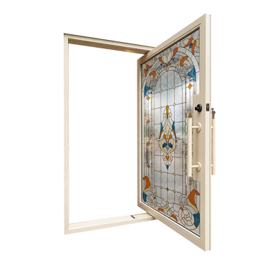 Contemporary iron pivot door with custom white finish and stained glass