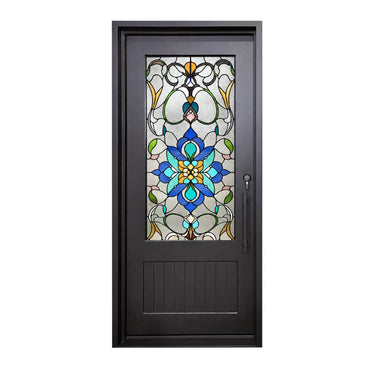 Decorative floral stained glass entry door with solid lower panel
