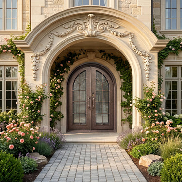 Round Top Iron Front Double Door with Glass Panels and screens