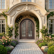 Round Top Iron Front Double Door with Glass Panels and Sceens W136