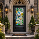 Tiffany-style stained glass front door with floral and bird design