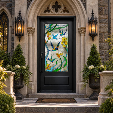 Tiffany-style stained glass front door with floral and bird design