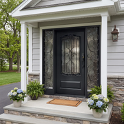 Single Iron Front Door with Sidelights and Decorative Scrollwork W129