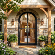 Wrought Iron Glass French Double Door with Round Top F117