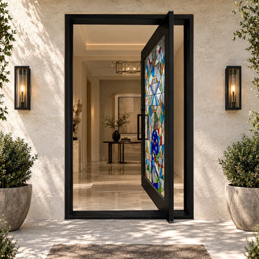 Decorative art glass iron entry door with Tiffany-style stained glass