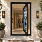 Decorative Art Glass Wrought Iron Pivot Door with Stained Glass and Custom Size PSG112