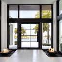 Modern iron pivot door with sidelights and transom