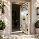 White iron pivot front door with colorful Tiffany-style stained glass