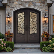Arched Wrought Iron Double Entry Door with Scrollwork Design W141