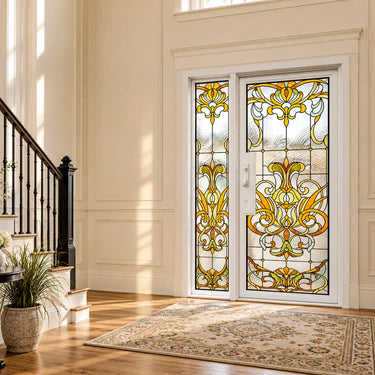 Art Nouveau stained glass iron front door with matching sidelight and amber floral patterns