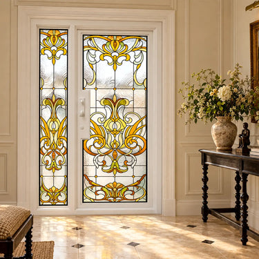 Decorative front door with textured Tiffany-style glass and botanical scrollwork