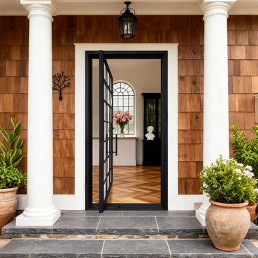 Energy efficient black steel entry door with glass grid panels and pivot opening system