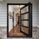 Black steel and glass pivot entry door with horizontal grid design