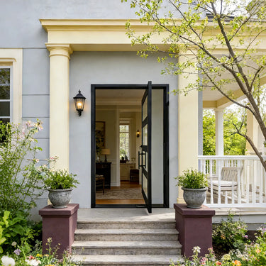 Contemporary metal panel pivot front door with glass sections