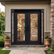 Geometric Wrought Iron Double Entry Door with Sidelights W142