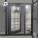 Handcrafted metal pivot door with black frame and divided glass sidelight design