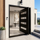 Contemporary black pivot front door with divided glass design