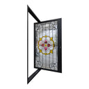 Iron pivot front door with colorful Tiffany-style stained glass