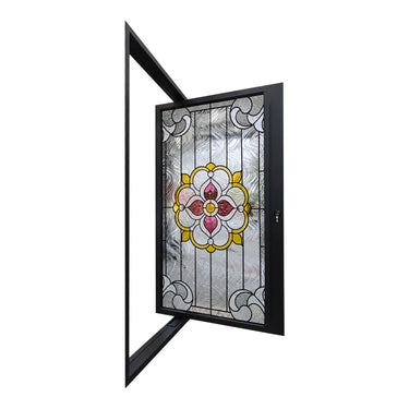 Iron pivot front door with colorful Tiffany-style stained glass