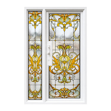 Single iron entry door with golden yellow floral stained glass and sidelight