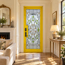 Yellow iron single front door with floral stained glass and black handle