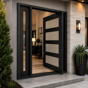 Custom steel pivot front door featuring textured glass panels and matching sidelights