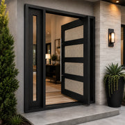 Modern Black Iron Pivot Entry Door with Textured Glass Panels and Sidelights PT115